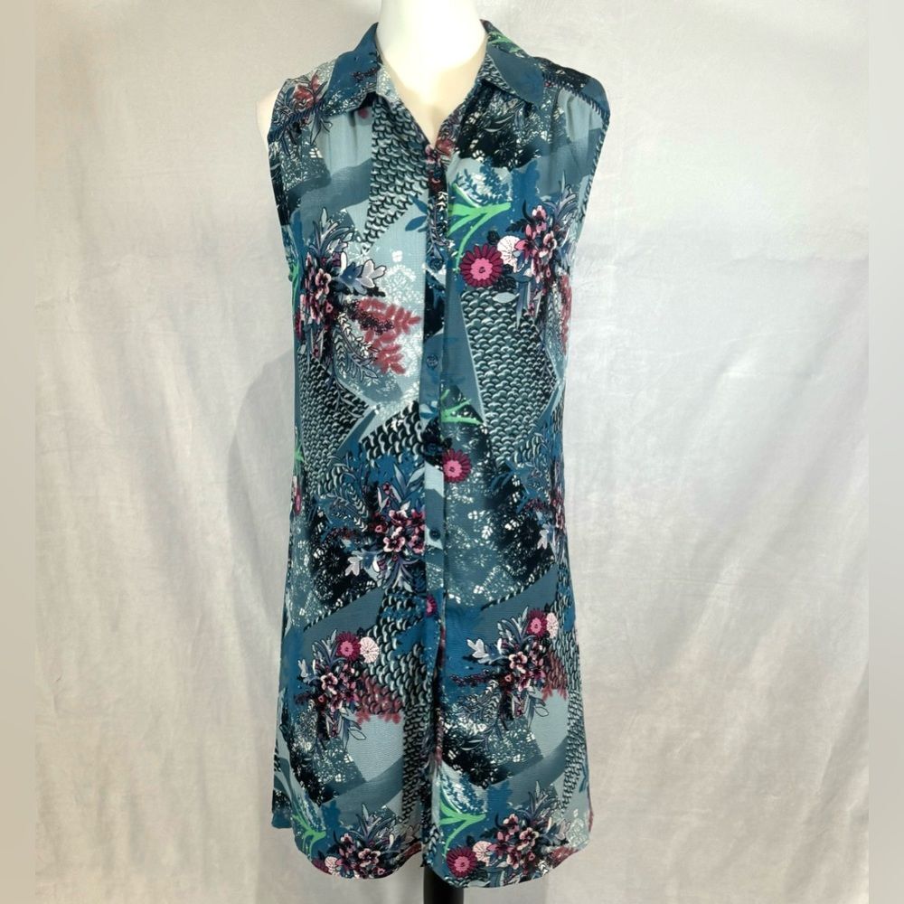 Cupio blue abstract print button down shirt dress size small